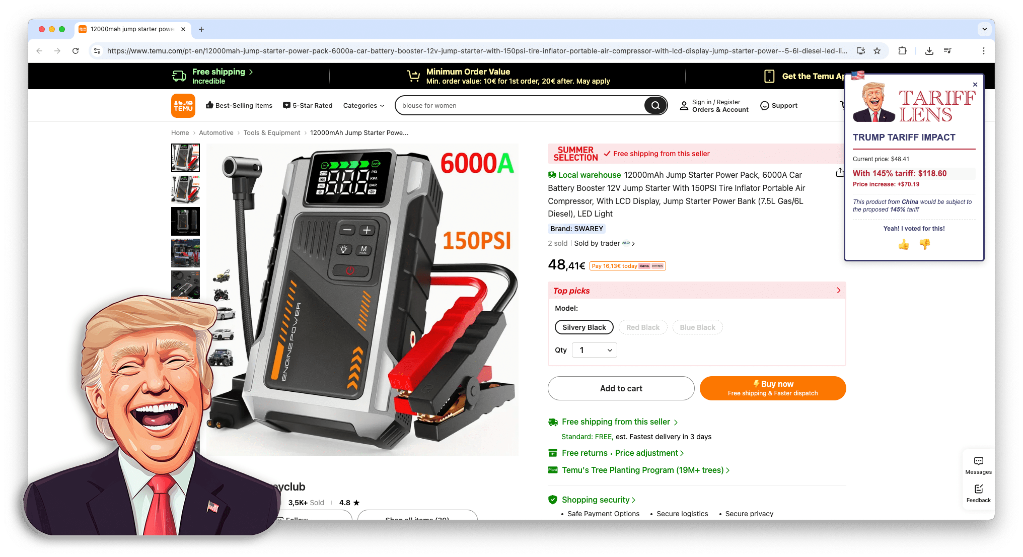 Tariff Lens in action on Temu showing price with tariff