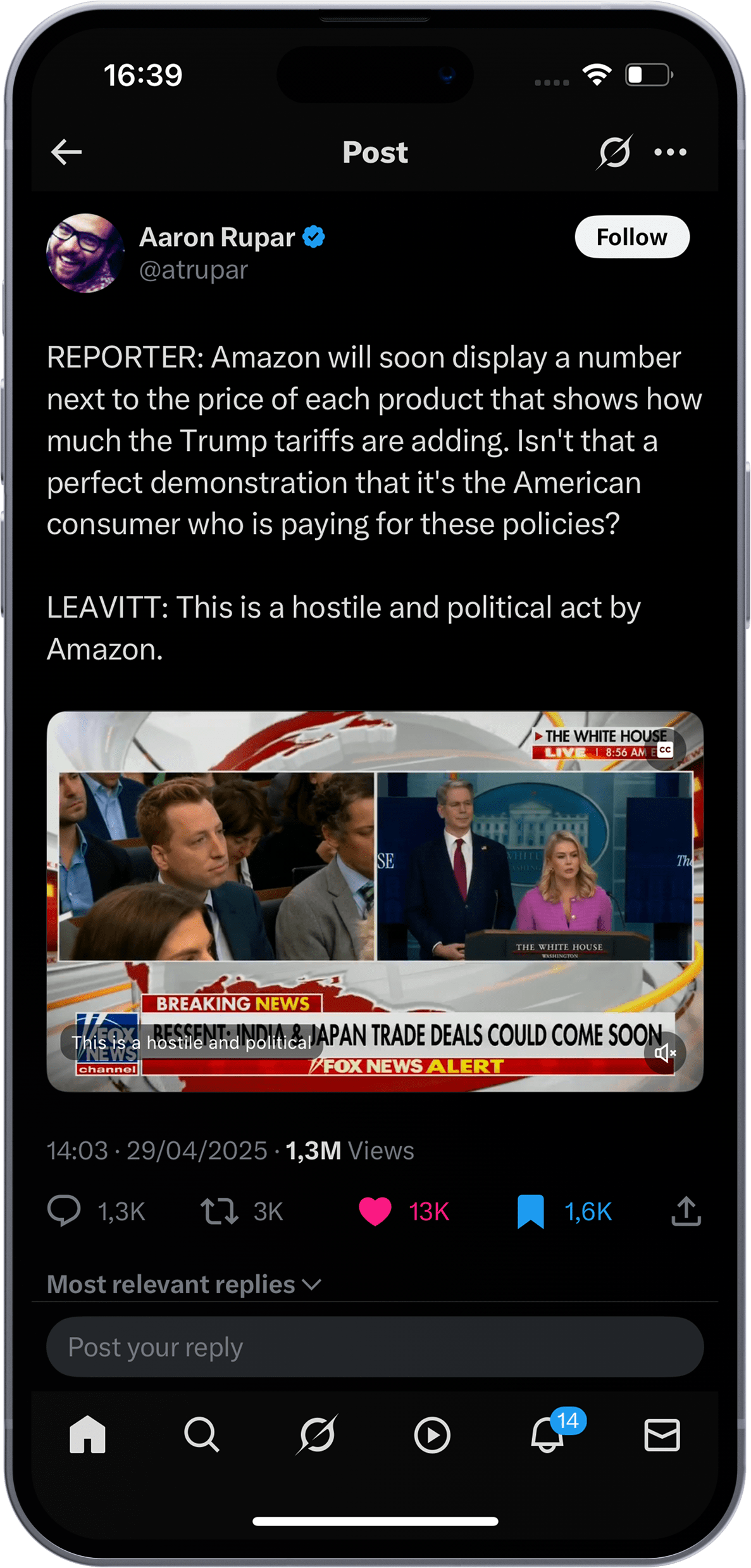 Tweet about White House response to Amazon tariff prices