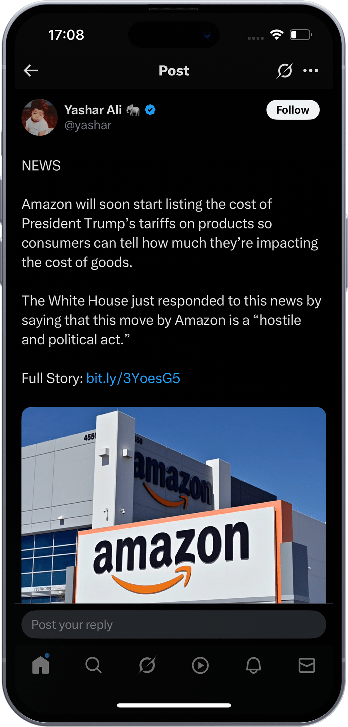 Tweet about Amazon listing tariff costs